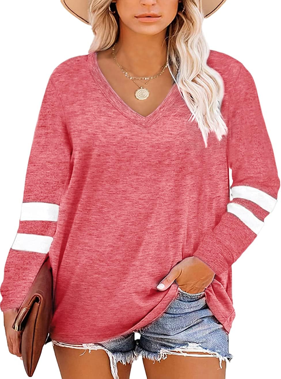 Gloria & Sarah women's plus size V-neck color block tunic, catalog photo 7 of 8