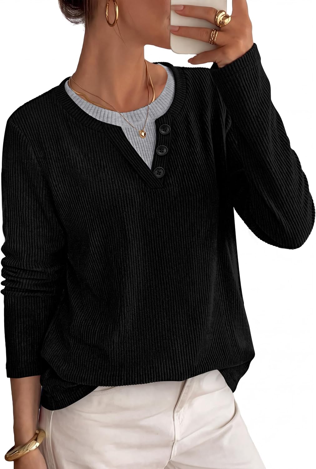 OFEEFAN women's color block henley tunic sweater, catalog photo 3 of 12
