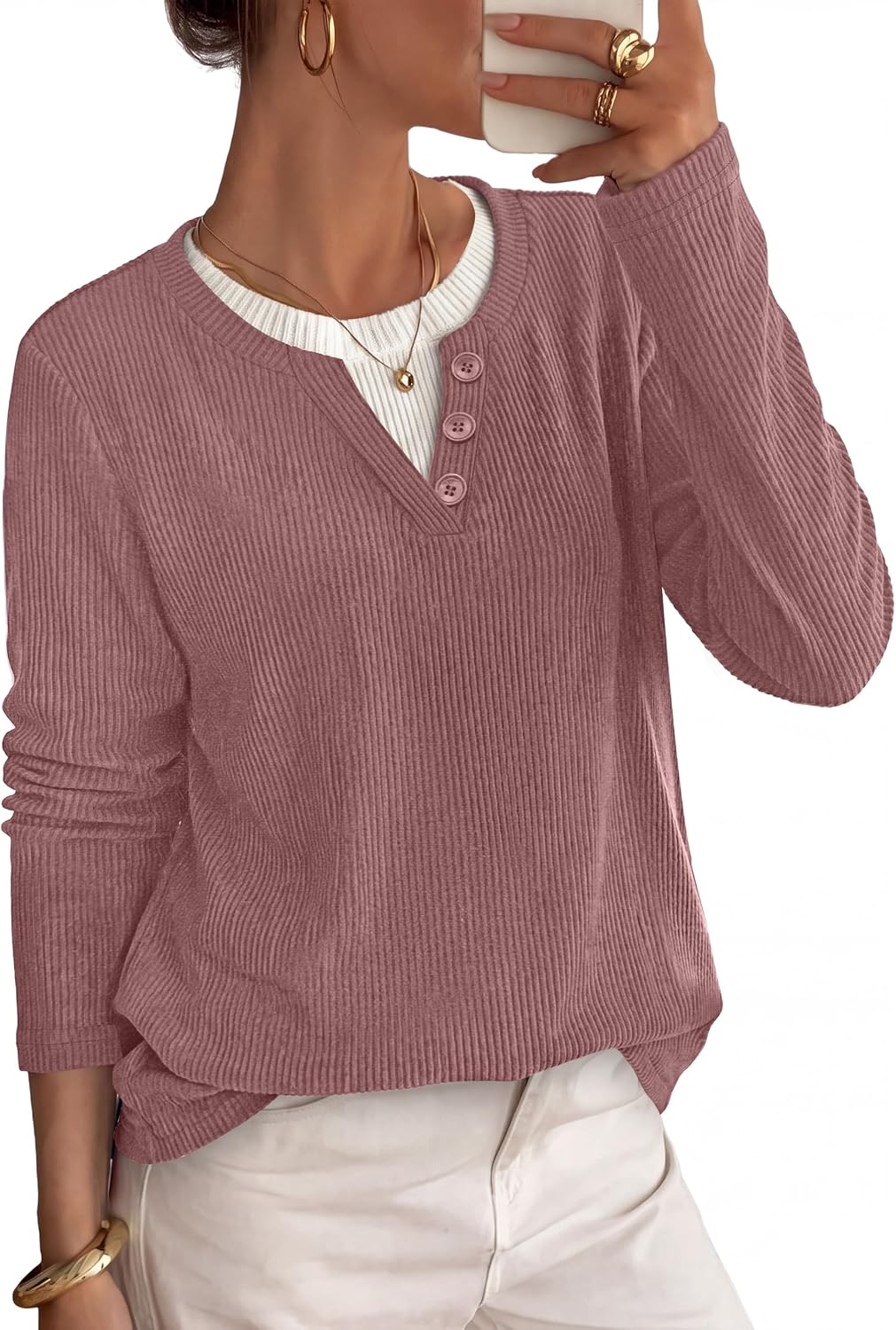 OFEEFAN women's color block henley tunic sweater, catalog photo 7 of 12